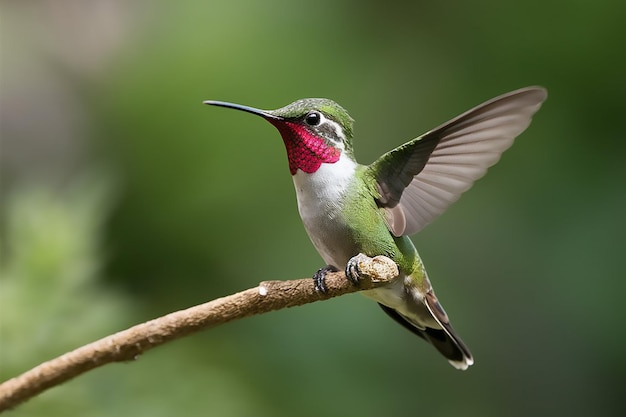 Vector a hummingbird with a red beak is perched on a branch