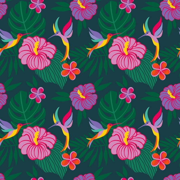 Hummingbirds fluttering over exotic flowers Colibri Tropical print Seamless pattern