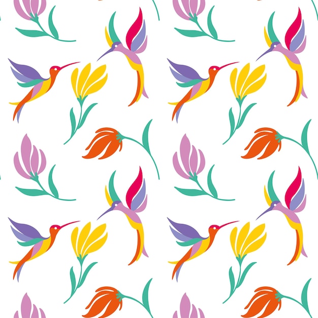 Hummingbirds fluttering over flowers Colibri Summer print Seamless pattern