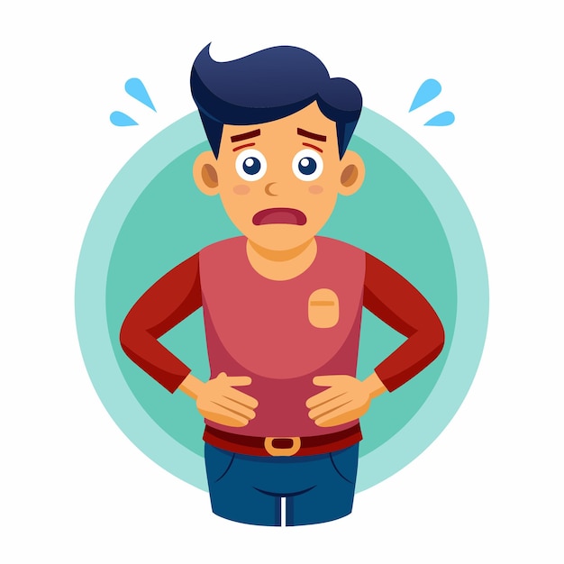 Vector humorous cartoon illustration of a man struggling with stomach pain