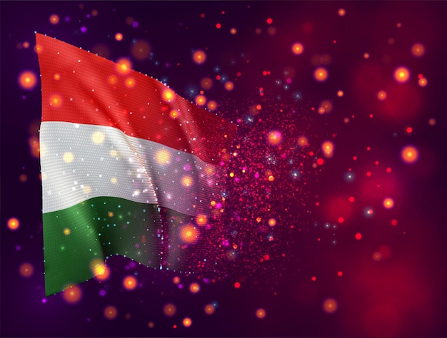 Hungary, 3d flag on pink purple background with lighting and flares