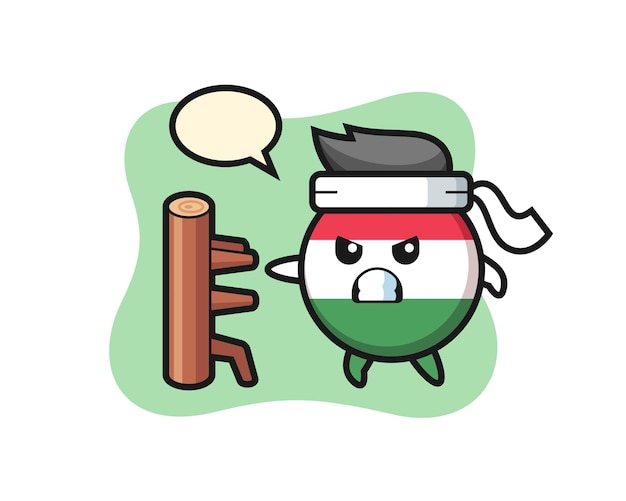 Hungary flag badge cartoon illustration as a karate fighter , cute style design for t shirt, sticker, logo element