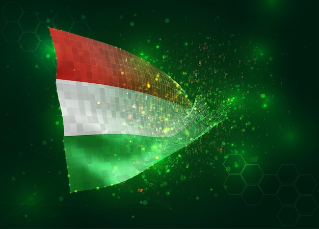 Hungary on vector 3d flag on green background with polygons and data numbers