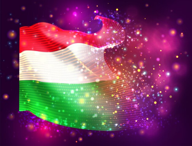 Hungary vector 3d flag on pink purple background with lighting and flares