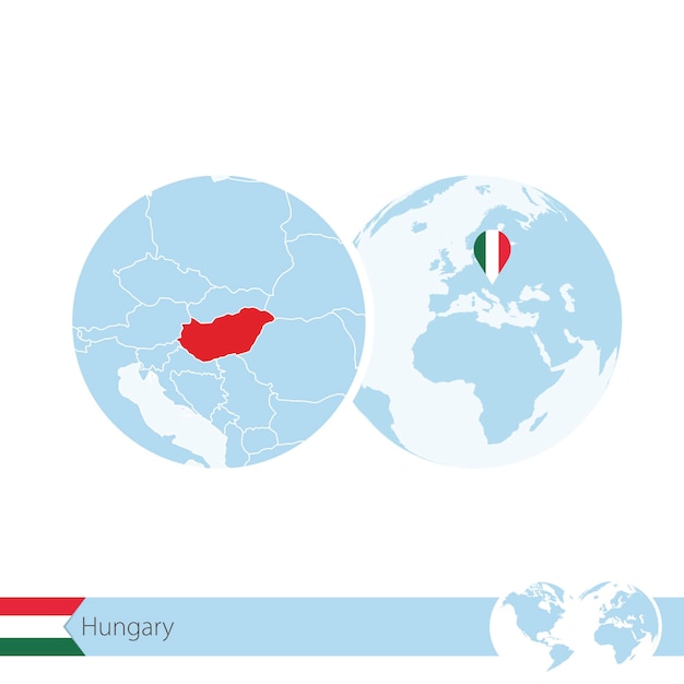 Hungary on world globe with flag and regional map of Hungary. Vector Illustration.