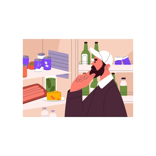 Hungry bearded man choosing food inside full fridge Home refrigerator shelves with large choice of meal products drinks Male character looking thinking what to cooking Flat vector illustration