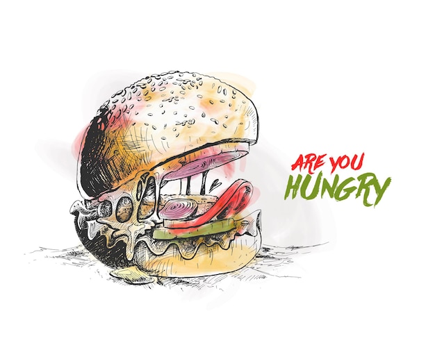 Hungry burger concept Hand Drawn Sketch Vector illustration