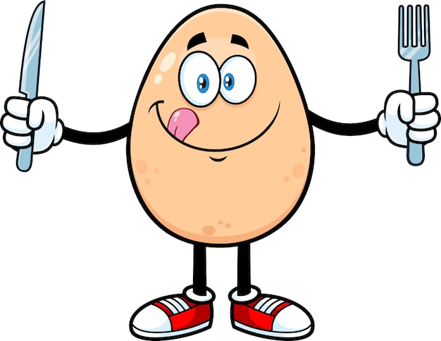 Hungry Egg Cartoon Mascot Character Licking His Lips And Holding Silverware. Vector Illustration