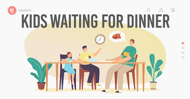 Hungry Family Waiting Dinner Landing Page Template. Father, Daughter and Son Characters Sit around Table on Kitchen with Fork in Hand and Plate. Dining Time, People Eating. Cartoon Vector Illustration