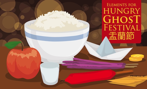 Hungry Ghost Festival elements bowl of rice liquor incense paper boat joss money coins and candle