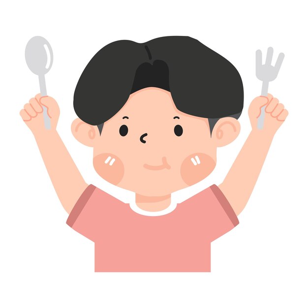 Vector hungry kid holding fork and spoon