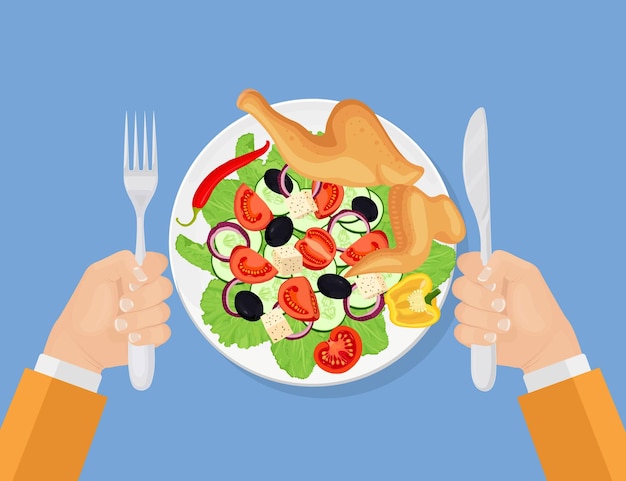 Hungry man holding knife and fork. Grilled chicken with greek salad on plate. Delicious restaurant meal made of chicken, lettuce leaves, fresh vegetables, cheese. Tasty appetizer dish