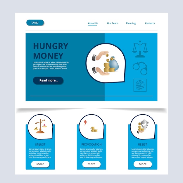 Hungry money flat landing page website template unjust provocation resist web banner with header