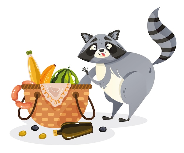 Hungry raccoon character steal food from basket concept cartoon design illustration