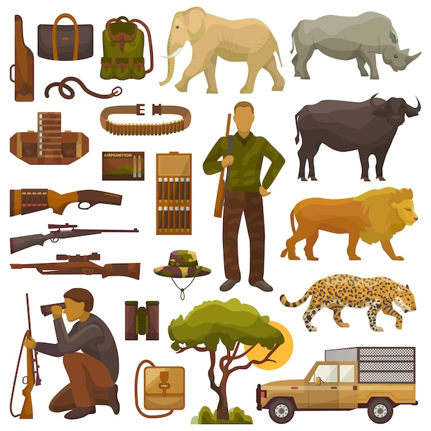 Hunt safari  hunterman character in Africa with hunting ammunition or hunters equipment rifle shooting and african animals lion elephant wildlife set illustration isolated on white background.