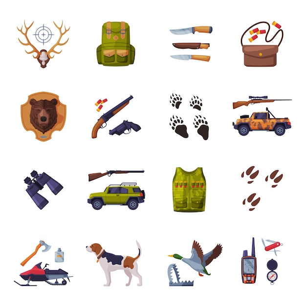 Vector hunter attributes set hunting season tackles and equipment big collection flat vector illustration