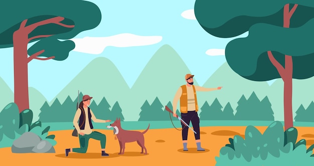 Hunter male and female in camouflage clothes with dog in forest Outdoor woodland scene woman taking duck from hound Man with weapon aiming target hobby activity vector illustration