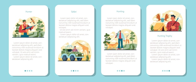 Hunter mobile application banner set man with a weapon hunting