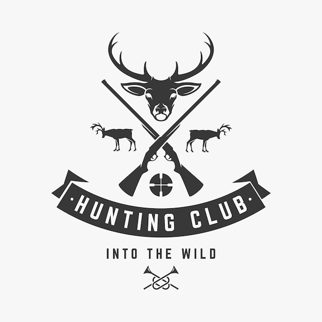 Vector hunters club with grazing deer logo vector moose silhouettes with crossed gunsand sight gambling and elite monochrome prey