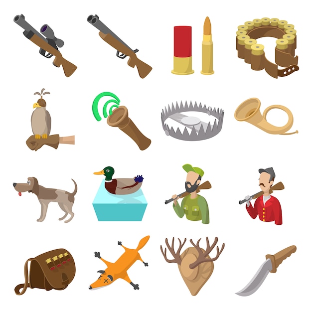 Hunting cartoon icons set isolated