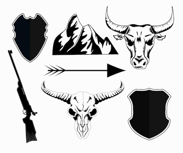 Hunting elements silhouette deer head skull ox skull hunting gun mountain arrow shield