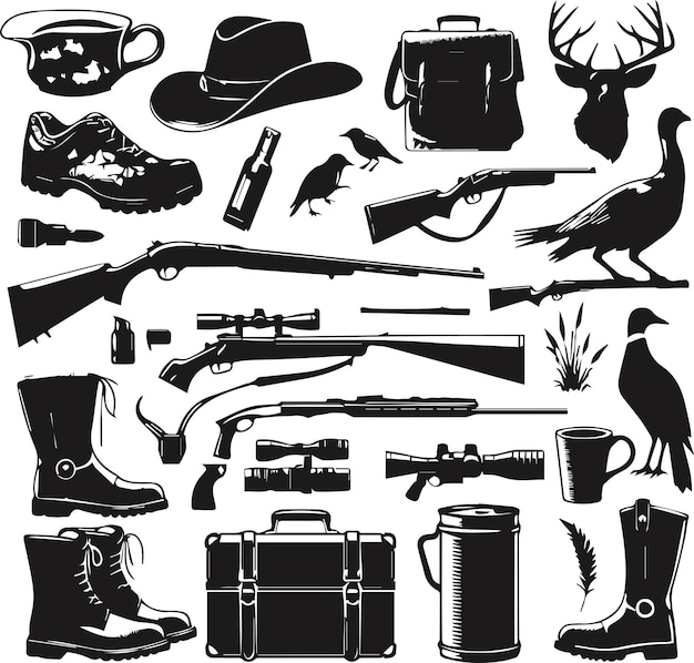 Vector hunting elements silhouette vector illustration on isolated white background