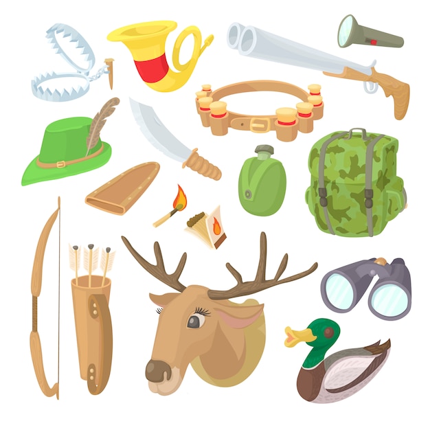 Vector hunting icons set in cartoon style