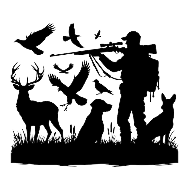 Hunting man silhouettes vector illustration