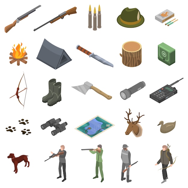 Hunting modern equipment icons set, isometric style