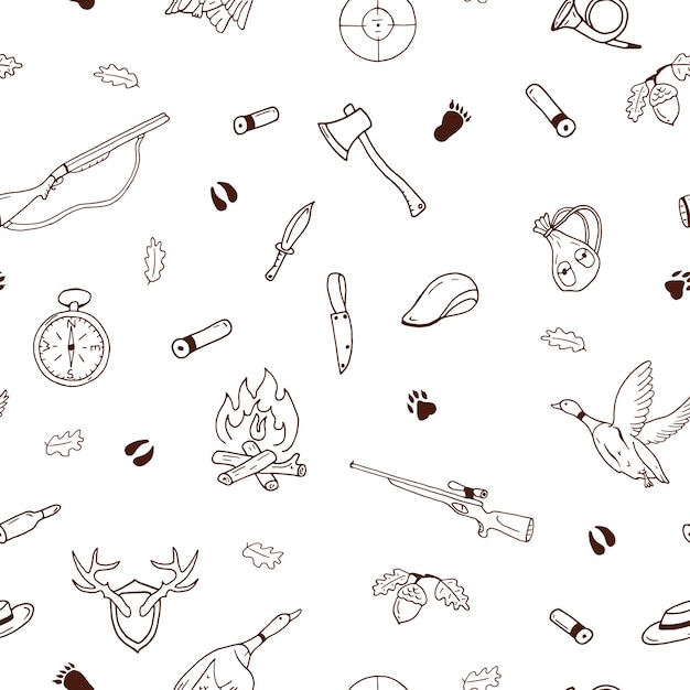 Vector hunting seamless pattern in doodle style