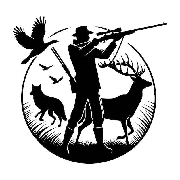 Hunting Silhouette Black and White Vector Illustration On Isolated White Background