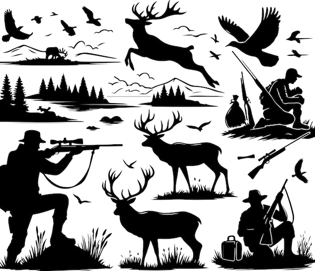 Hunting Silhouette Elegant Black and White Vector Illustration On Isolated White Background