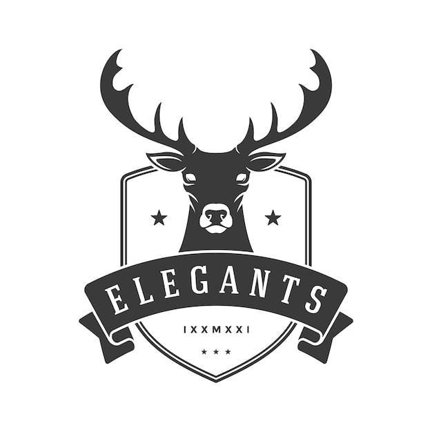 Hunting trophy deer head nailed to shield vector logo Elegant booty stylized in retro vintage style