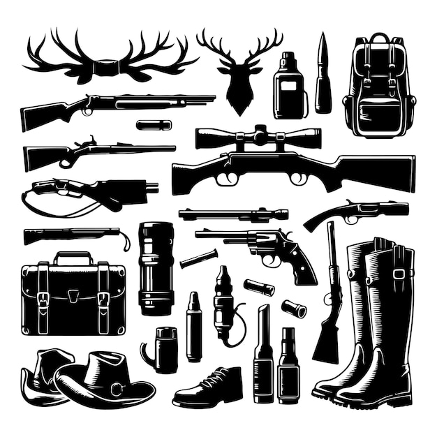 Vector hunting vintage style set hunting elements collection silhouette vector illustration