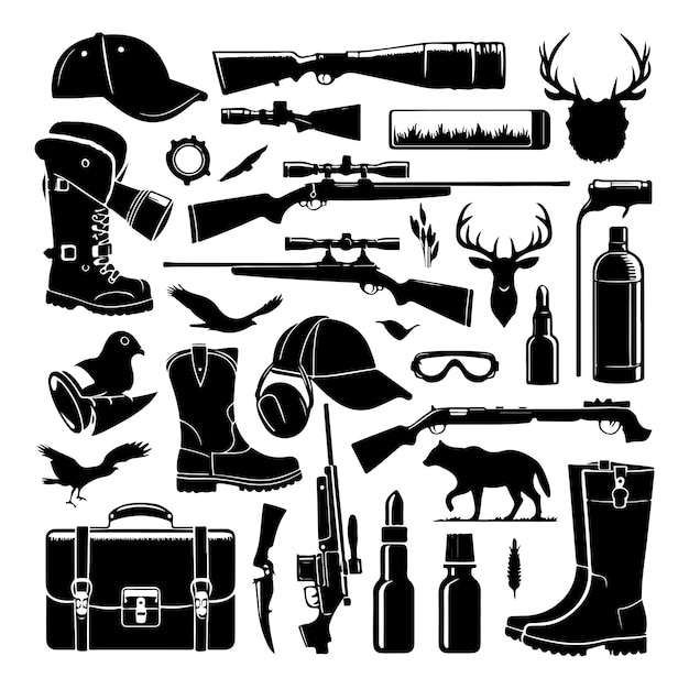 Vector hunting vintage style set hunting elements collection silhouette vector illustration