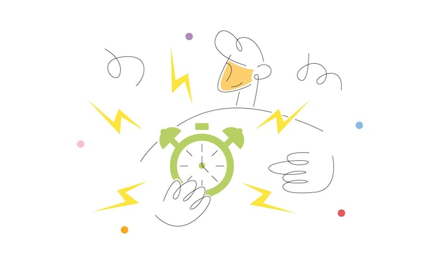 Vector hurry up outline office worker holding and pointing alarm clock working overtime deadlines