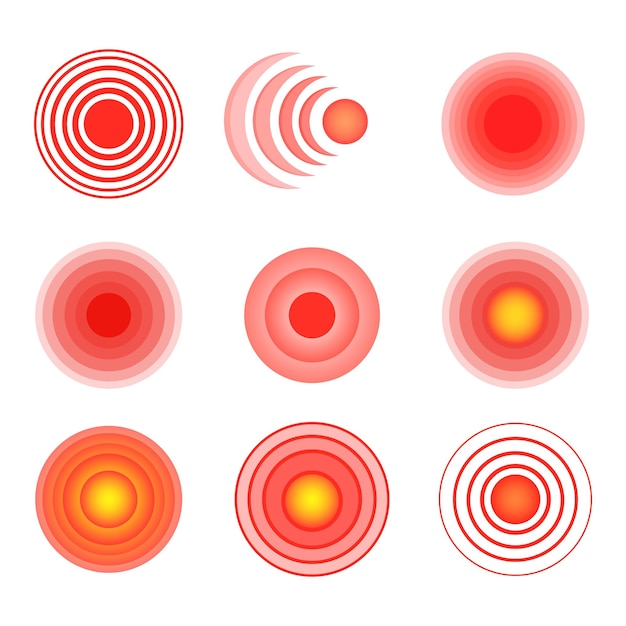 Vector hurt marker red radar circle symbol target pain in joints sore mark drugs painfully point health spine neck paining body spot migraine stomach