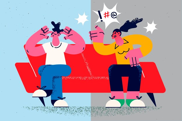 Vector husband close ears ignore furious wife quarrelling and shouting man avoid fight or argument with mad angry woman couple relationships problems and divorce or breakup vector illustration