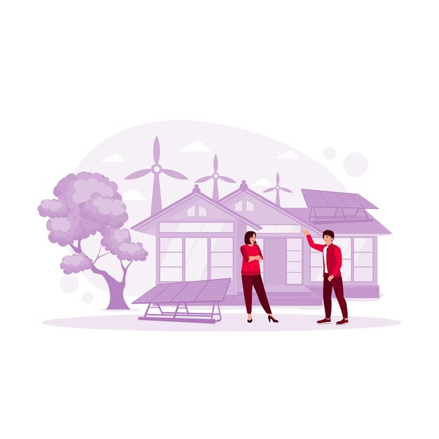 Vector a husband and wife are standing in front of the house using solar panels and wind turbine technology