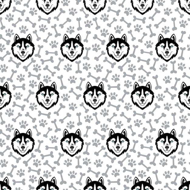 Husky black head dog vector seamless pattern