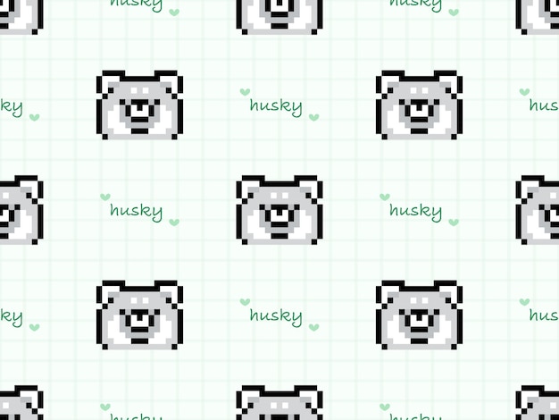 Husky cartoon character seamless pattern on green background Pixel style