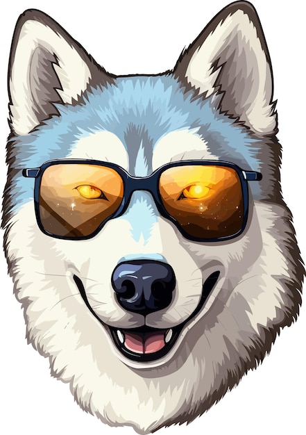 A husky dog wearing sunglasses and a yellow light on his face.