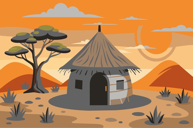 A hut with a thatched roof sits in the desert