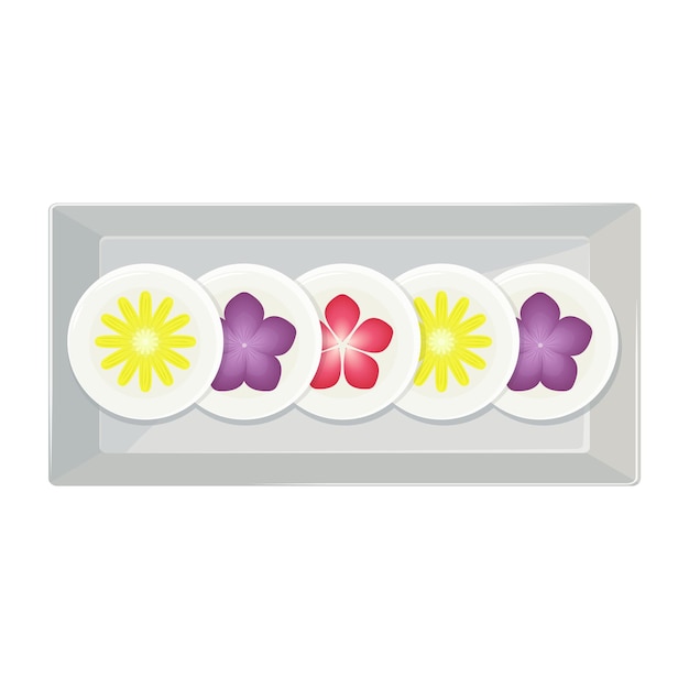 Hwajeon Korean sweet rice cakes with edible flowers on plate Isolated vector asian food illustration