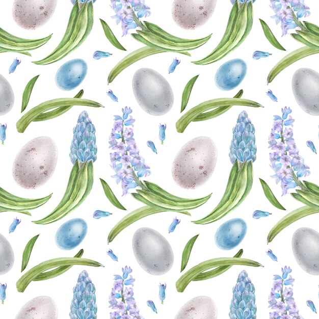 Hyachinth and eggs watercolor seamless pattern