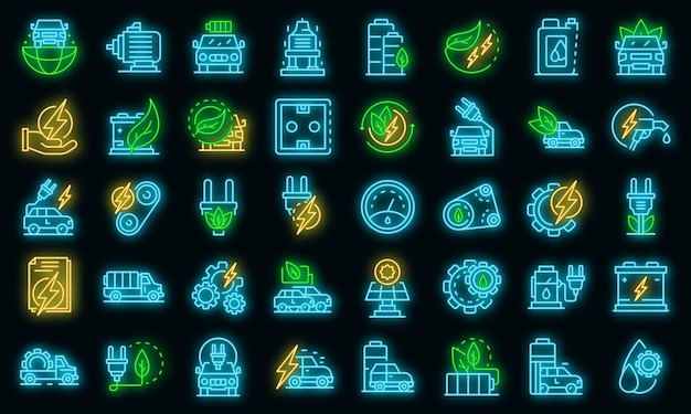 Hybrid car icons set. Outline set of hybrid car vector icons neon color on black