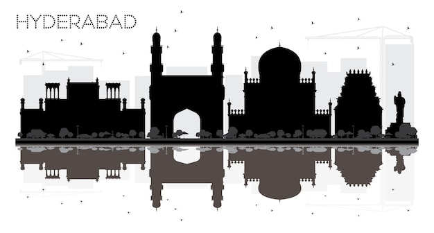 Hyderabad City skyline black and white silhouette with reflections. Vector illustration. Simple flat concept for tourism presentation, banner, placard or web site. Cityscape with landmarks.