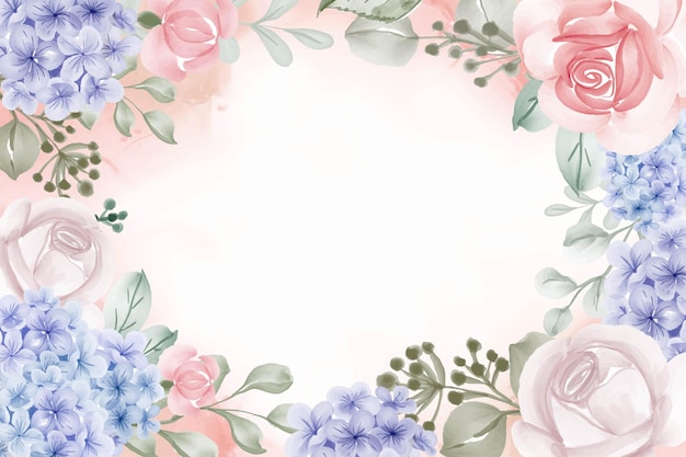 Hydrangea blue and rose background floral frame