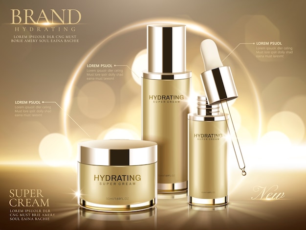 Hydrating cosmetic product ads, champagne gold containers  on glittering bokeh background in  illustration