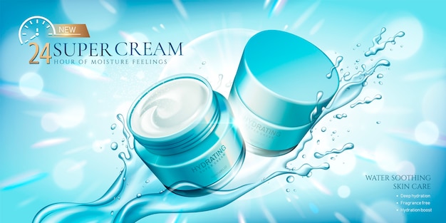 Hydrating super cream with splashing liquid on glitter light blue background 